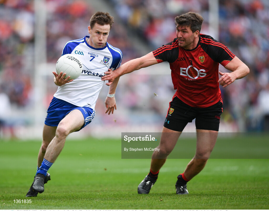 29 July 2017; Karl O'Connell of Monaghan in action against Peter Turley of Down during the GAA Football All-Ireland Senior Championship Round 4B match between Down and Monaghan at Croke Park in Dublin. Photo by Stephen McCarthy/Sportsfile