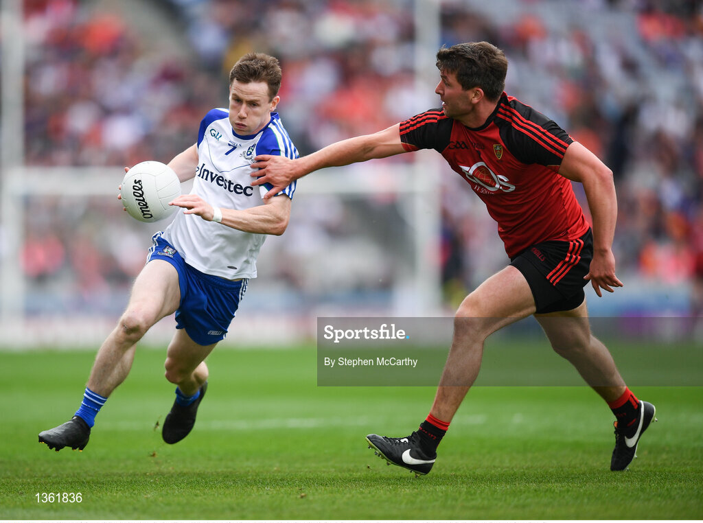29 July 2017; Karl O'Connell of Monaghan in action against Peter Turley of Down during the GAA Football All-Ireland Senior Championship Round 4B match between Down and Monaghan at Croke Park in Dublin. Photo by Stephen McCarthy/Sportsfile