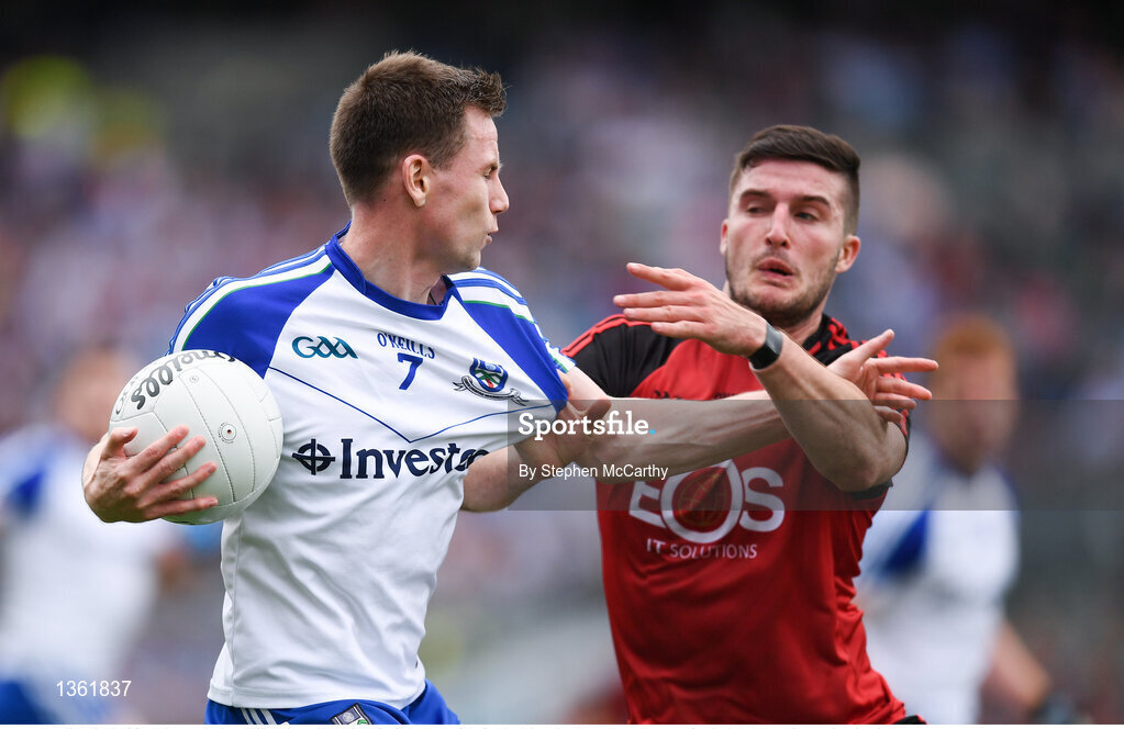 29 July 2017; Karl O'Connell of Monaghan in action against Niall McParland of Down during the GAA Football All-Ireland Senior Championship Round 4B match between Down and Monaghan at Croke Park in Dublin. Photo by Stephen McCarthy/Sportsfile
