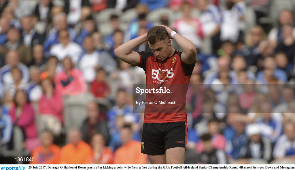 29 July 2017; Darragh O'Hanlon of Down reacts after kicking a point wide from a free during the GAA Football All-Ireland Senior Championship Round 4B match between Down and Monaghan at Croke Park in Dublin. Photo by Piaras Ó Mídheach/Sportsfile