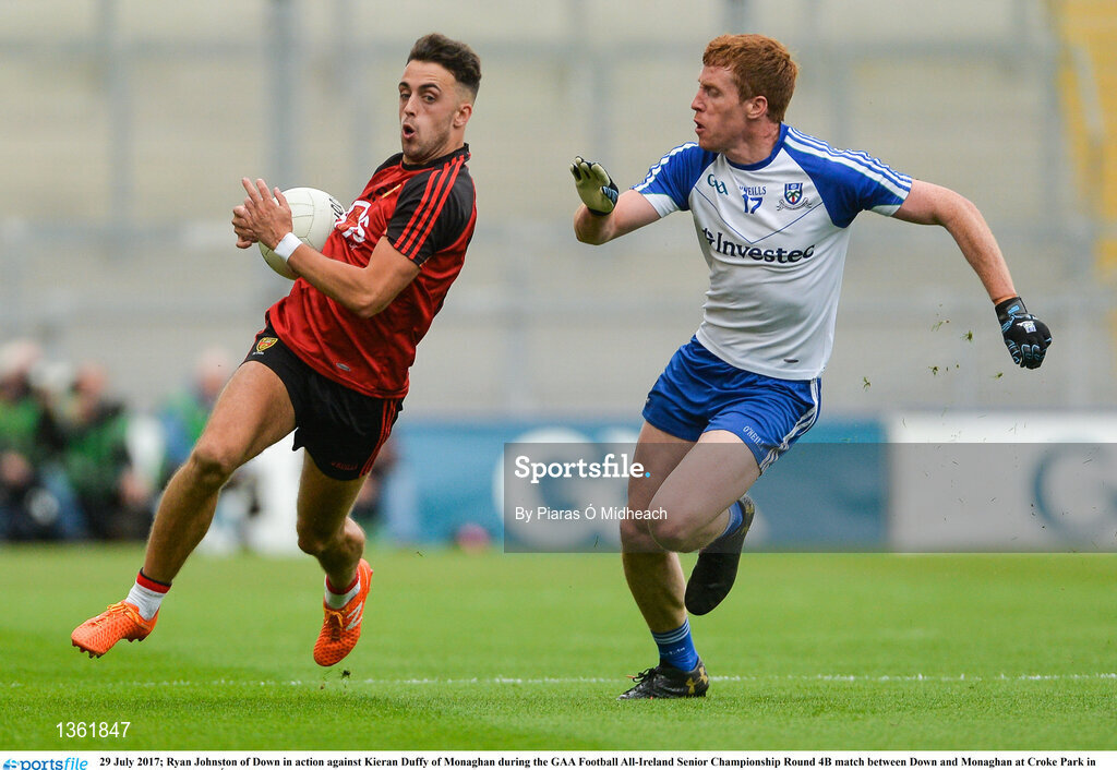 29 July 2017; Ryan Johnston of Down in action against Kieran Duffy of Monaghan during the GAA Football All-Ireland Senior Championship Round 4B match between Down and Monaghan at Croke Park in Dublin. Photo by Piaras Ó Mídheach/Sportsfile