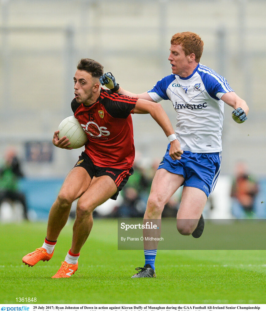 29 July 2017; Ryan Johnston of Down in action against Kieran Duffy of Monaghan during the GAA Football All-Ireland Senior Championship Round 4B match between Down and Monaghan at Croke Park in Dublin. Photo by Piaras Ó Mídheach/Sportsfile