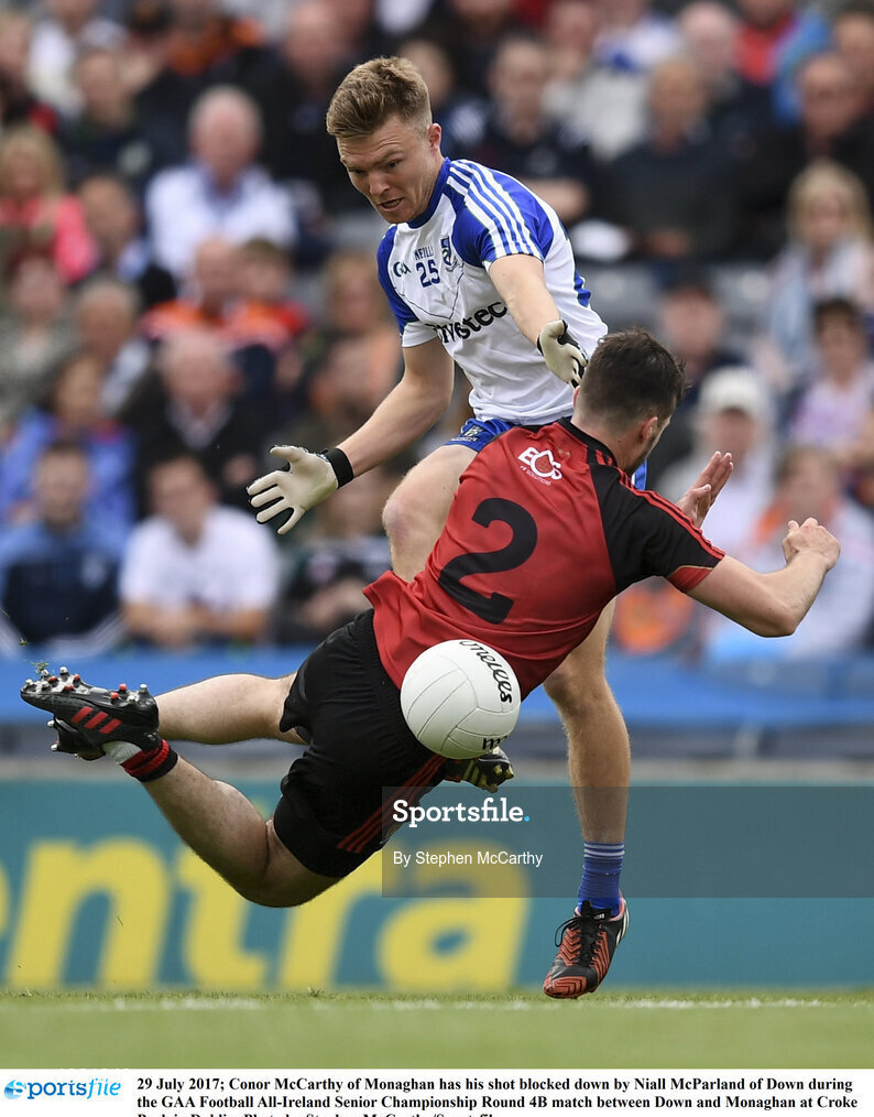 29 July 2017; Conor McCarthy of Monaghan has his shot blocked down by Niall McParland of Down during the GAA Football All-Ireland Senior Championship Round 4B match between Down and Monaghan at Croke Park in Dublin. Photo by Stephen McCarthy/Sportsfile
