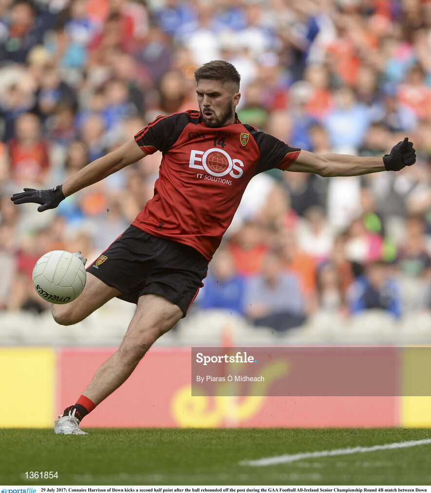 29 July 2017; Connaire Harrison of Down kicks a second half point after the ball rebounded off the post during the GAA Football All-Ireland Senior Championship Round 4B match between Down and Monaghan at Croke Park in Dublin. Photo by Piaras Ó Mídheach/Sportsfile