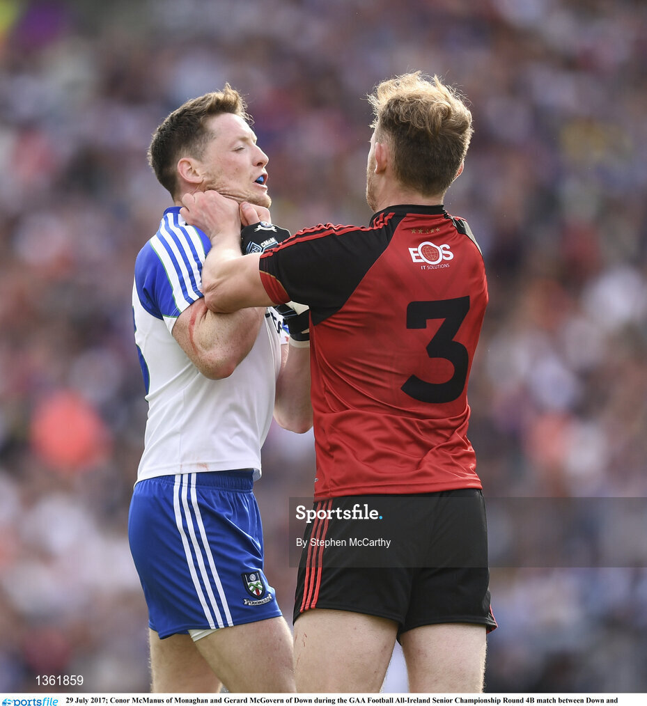 29 July 2017; Conor McManus of Monaghan and Gerard McGovern of Down during the GAA Football All-Ireland Senior Championship Round 4B match between Down and Monaghan at Croke Park in Dublin. Photo by Stephen McCarthy/Sportsfile