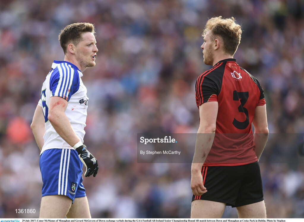 29 July 2017; Conor McManus of Monaghan and Gerard McGovern of Down exchange verbals during the GAA Football All-Ireland Senior Championship Round 4B match between Down and Monaghan at Croke Park in Dublin. Photo by Stephen McCarthy/Sportsfile