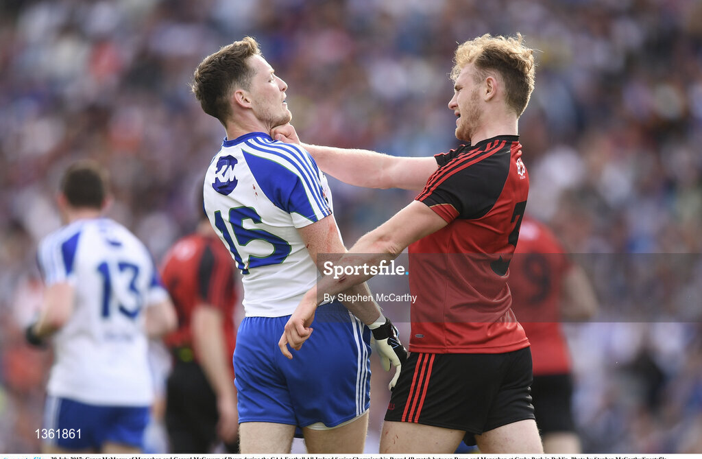 29 July 2017; Conor McManus of Monaghan and Gerard McGovern of Down during the GAA Football All-Ireland Senior Championship Round 4B match between Down and Monaghan at Croke Park in Dublin. Photo by Stephen McCarthy/Sportsfile