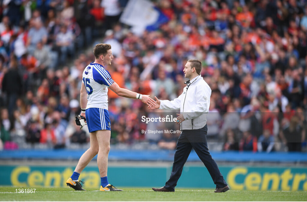 29 July 2017; Conor McManus of Monaghan shakes hands with an umpire following the GAA Football All-Ireland Senior Championship Round 4B match between Down and Monaghan at Croke Park in Dublin. Photo by Stephen McCarthy/Sportsfile