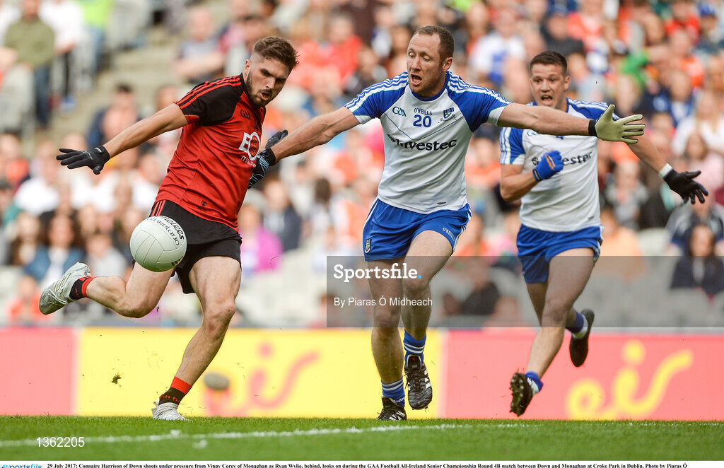 29 July 2017; Connaire Harrison of Down shoots under pressure from Vinny Corey of Monaghan as Ryan Wylie, behind, looks on during the GAA Football All-Ireland Senior Championship Round 4B match between Down and Monaghan at Croke Park in Dublin. Photo by Piaras Ó Mídheach/Sportsfile