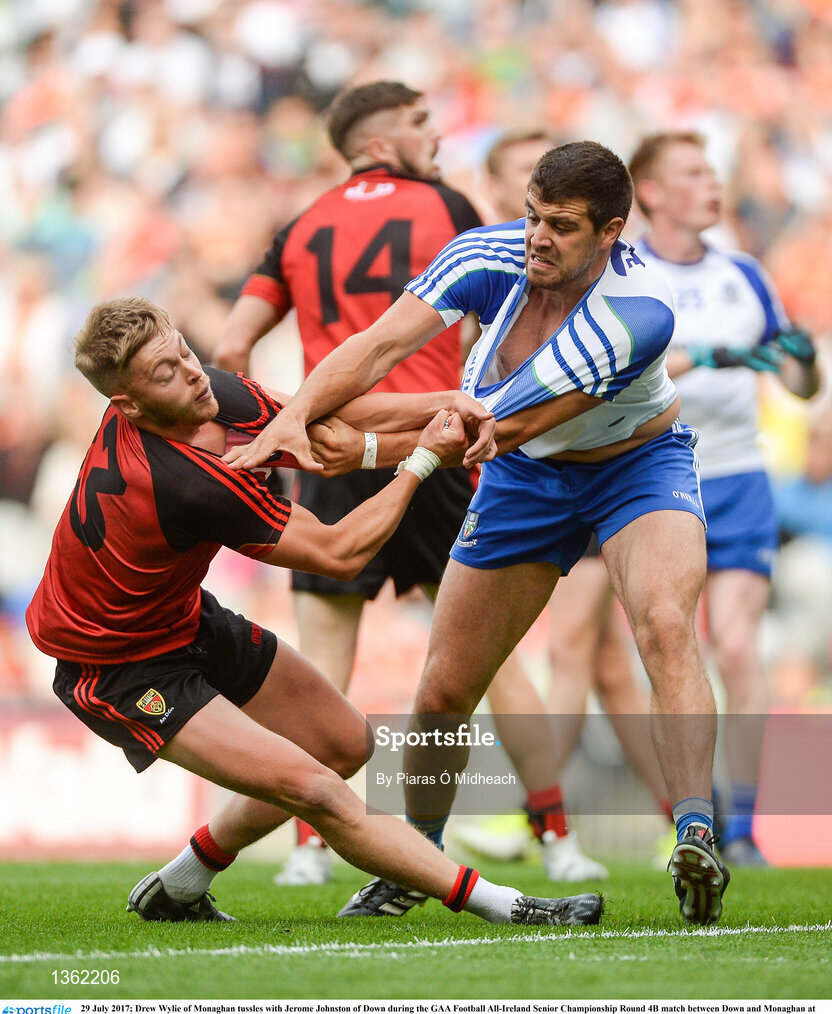 29 July 2017; Drew Wylie of Monaghan tussles with Jerome Johnston of Down during the GAA Football All-Ireland Senior Championship Round 4B match between Down and Monaghan at Croke Park in Dublin. Photo by Piaras Ó Mídheach/Sportsfile
