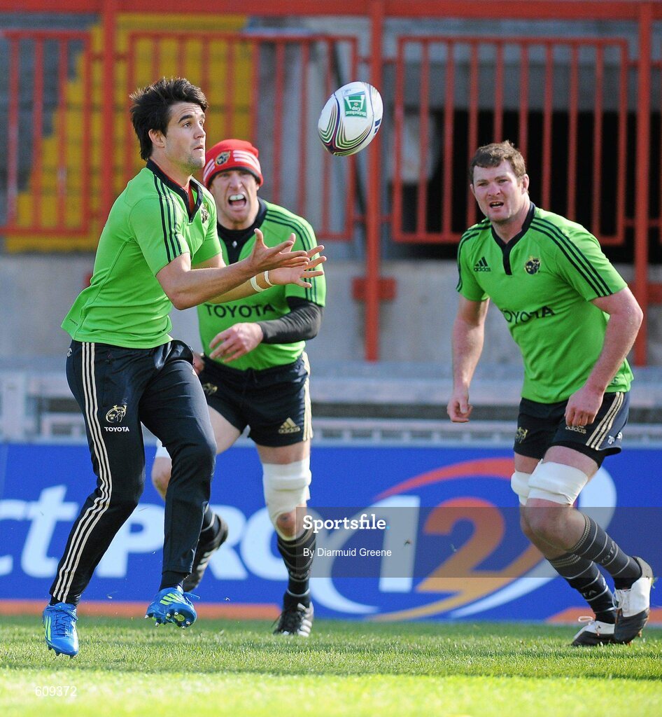 4 April 2012; Munster's Conor Murray, left, Paul O'Connell, centre, and Donnacha Ryan in action during squad training ahead of their Heineken Cup Quarter-Final game against Ulster on Sunday. Munster Rugby Squad Training, Thomond Park, Limerick. Picture credit: Diarmuid Greene / SPORTSFILE