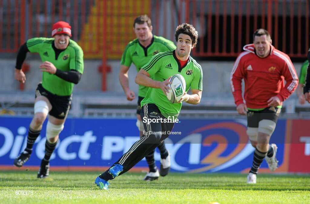 4 April 2012; Munster's Conor Murray, Paul O'Connell, Donnacha Ryan and James Coughlan in action during squad training ahead of their Heineken Cup Quarter-Final game against Ulster on Sunday. Munster Rugby Squad Training, Thomond Park, Limerick. Picture credit: Diarmuid Greene / SPORTSFILE