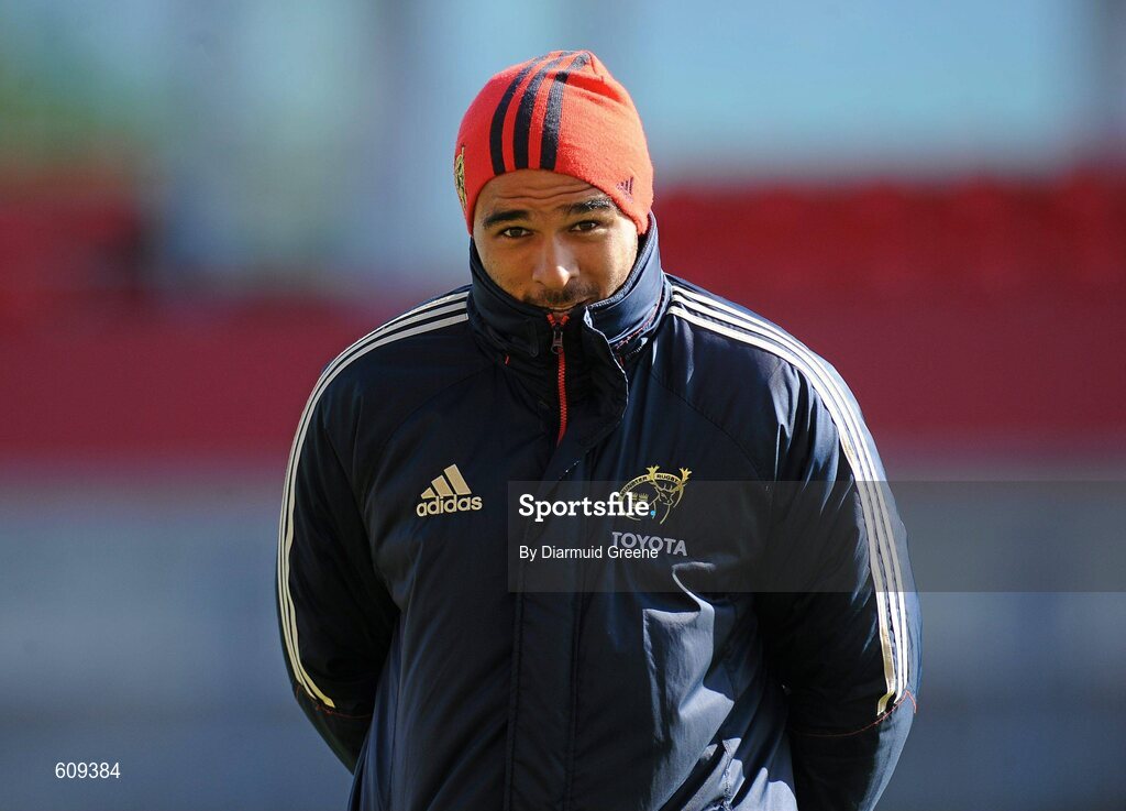 4 April 2012; Munster's Simon Zebo sits out squad training ahead of their Heineken Cup Quarter-Final game against Ulster on Sunday. Munster Rugby Squad Training, Thomond Park, Limerick. Picture credit: Diarmuid Greene / SPORTSFILE