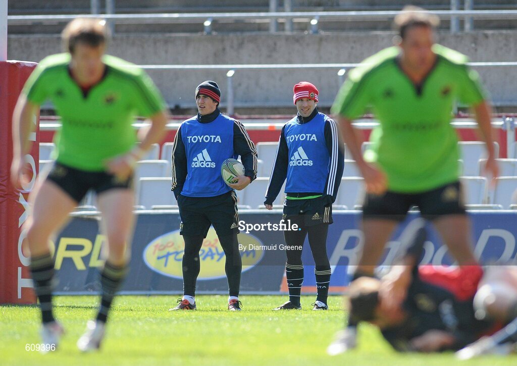 4 April 2012; Munster's Ian Keatley, left, and Tomas O'Leary watch on during squad training ahead of their Heineken Cup Quarter-Final game against Ulster on Sunday. Munster Rugby Squad Training, Thomond Park, Limerick. Picture credit: Diarmuid Greene / SPORTSFILE