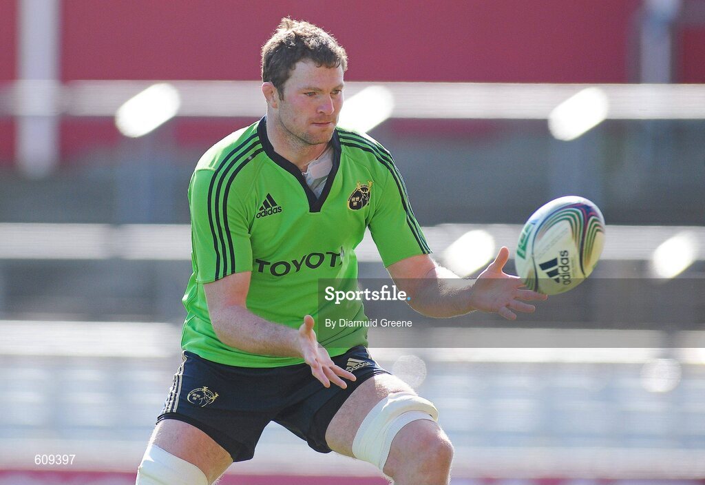 4 April 2012; Munster's Donnacha Ryan in action during squad training ahead of their Heineken Cup Quarter-Final game against Ulster on Sunday. Munster Rugby Squad Training, Thomond Park, Limerick. Picture credit: Diarmuid Greene / SPORTSFILE
