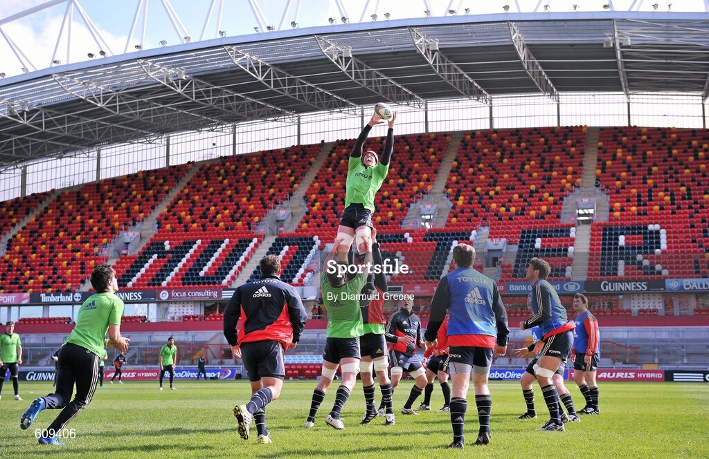 4 April 2012; Munster's Paul O'Connell wins possession in a line-out during squad training ahead of their Heineken Cup Quarter-Final game against Ulster on Sunday. Munster Rugby Squad Training, Thomond Park, Limerick. Picture credit: Diarmuid Greene / SPORTSFILE