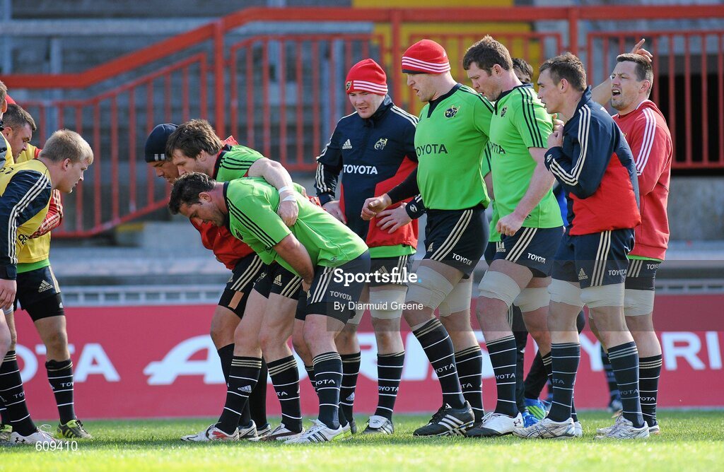 4 April 2012; Munster players, from left to right, BJ Botha, Mike Sherry, Wian du Preez, Peter O'Mahony, Paul O'Connell, Donnacha Ryan, Tommy O'Donnell and James Coughlan prepare for a scrum during squad training ahead of their Heineken Cup Quarter-Final game against Ulster on Sunday. Munster Rugby Squad Training, Thomond Park, Limerick. Picture credit: Diarmuid Greene / SPORTSFILE