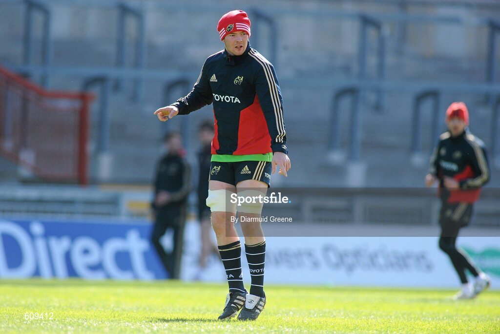 4 April 2012; Munster's Peter O'Mahony in action during squad training ahead of their Heineken Cup Quarter-Final game against Ulster on Sunday. Munster Rugby Squad Training, Thomond Park, Limerick. Picture credit: Diarmuid Greene / SPORTSFILE