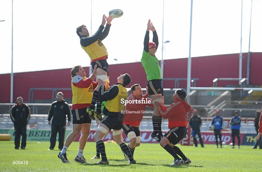 4 April 2012; Munster's Billy Holland wins possession in a lineout ahead of Paul O'Connell during squad training ahead of their Heineken Cup Quarter-Final game against Ulster on Sunday. Munster Rugby Squad Training, Thomond Park, Limerick. Picture credit: Diarmuid Greene / SPORTSFILE