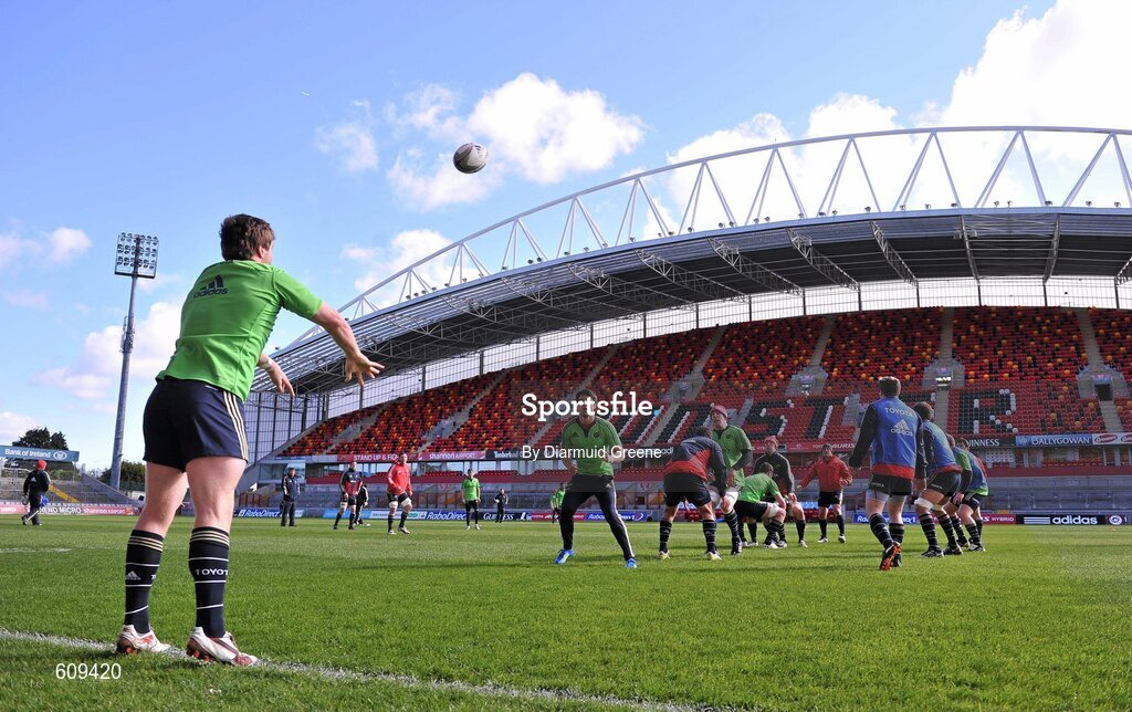 4 April 2012; Munster's Mike Sherry throws into the lineout during squad training ahead of their Heineken Cup Quarter-Final game against Ulster on Sunday. Munster Rugby Squad Training, Thomond Park, Limerick. Picture credit: Diarmuid Greene / SPORTSFILE