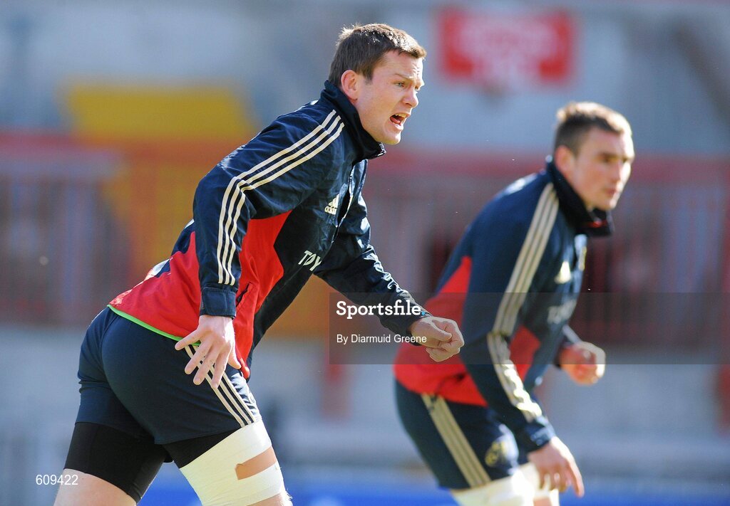 4 April 2012; Munster's Denis Hurley in action during squad training ahead of their Heineken Cup Quarter-Final game against Ulster on Sunday. Munster Rugby Squad Training, Thomond Park, Limerick. Picture credit: Diarmuid Greene / SPORTSFILE