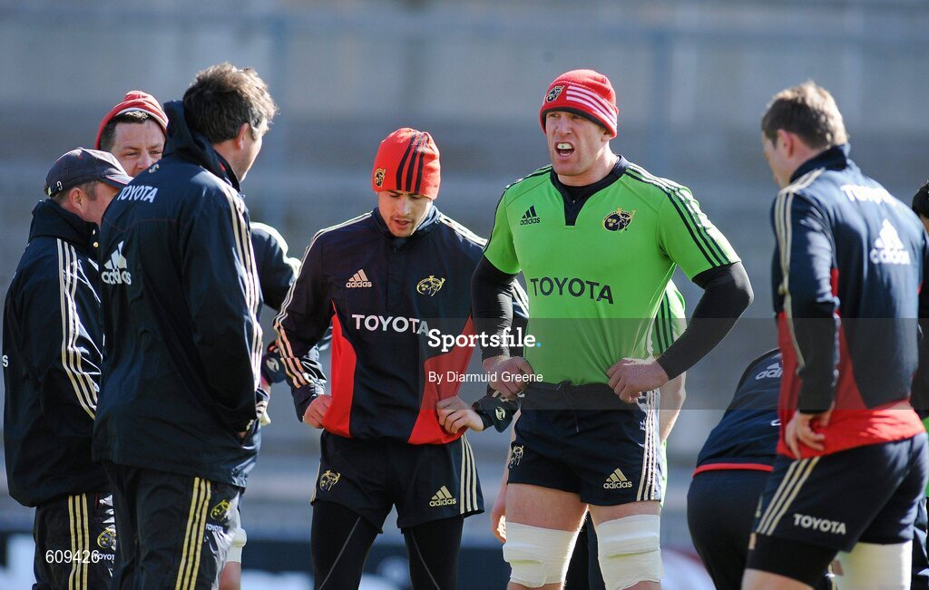 4 April 2012; Munster's Paul O'Connell, alongside team-mates, in conversation with assistant coach Anthony Foley during squad training ahead of their Heineken Cup Quarter-Final game against Ulster on Sunday. Munster Rugby Squad Training, Thomond Park, Limerick. Picture credit: Diarmuid Greene / SPORTSFILE