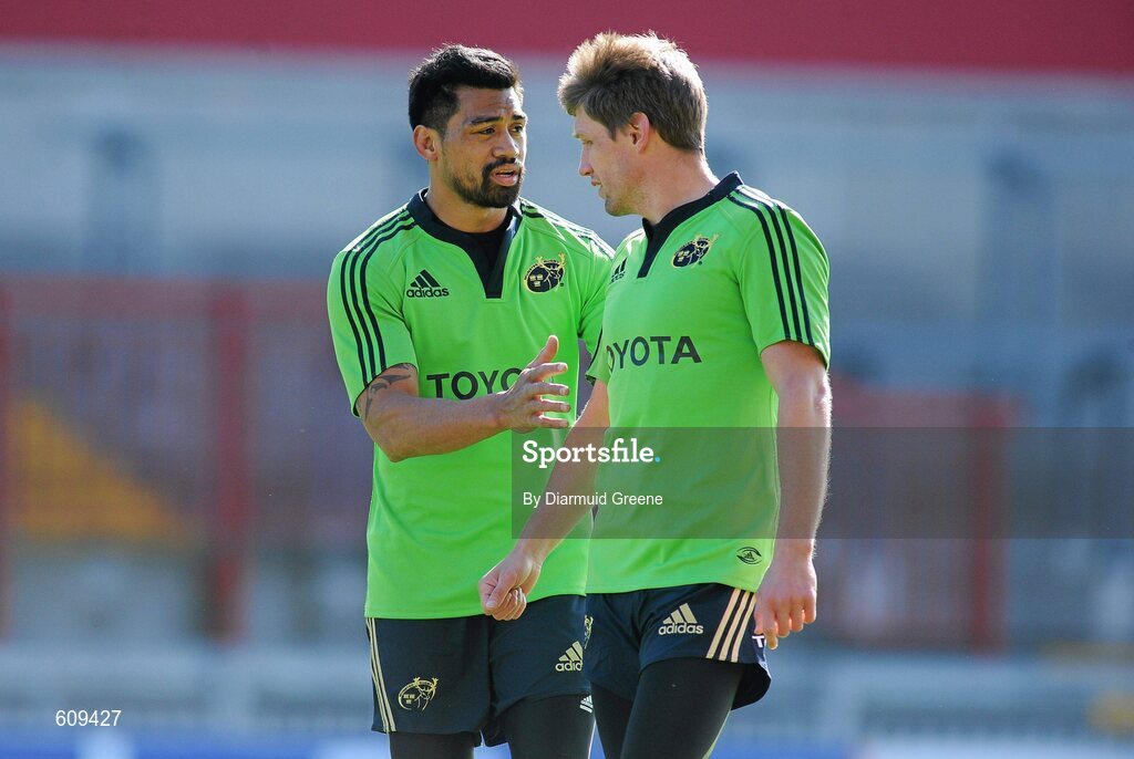 4 April 2012; Munster's Lifeimi Mafi, left, and Ronan O'Gara in conversation during squad training ahead of their Heineken Cup Quarter-Final game against Ulster on Sunday. Munster Rugby Squad Training, Thomond Park, Limerick. Picture credit: Diarmuid Greene / SPORTSFILE