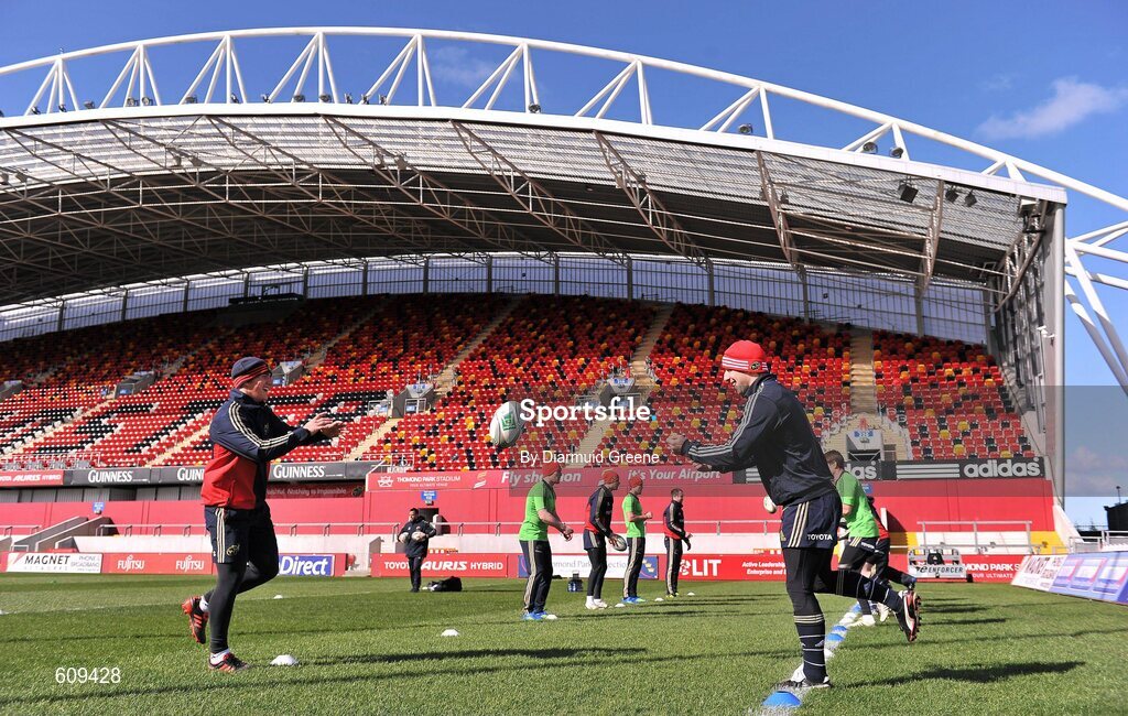 4 April 2012; Munster's Ian Keatley, left, and Tomas O'Leary in action during squad training ahead of their Heineken Cup Quarter-Final game against Ulster on Sunday. Munster Rugby Squad Training, Thomond Park, Limerick. Picture credit: Diarmuid Greene / SPORTSFILE