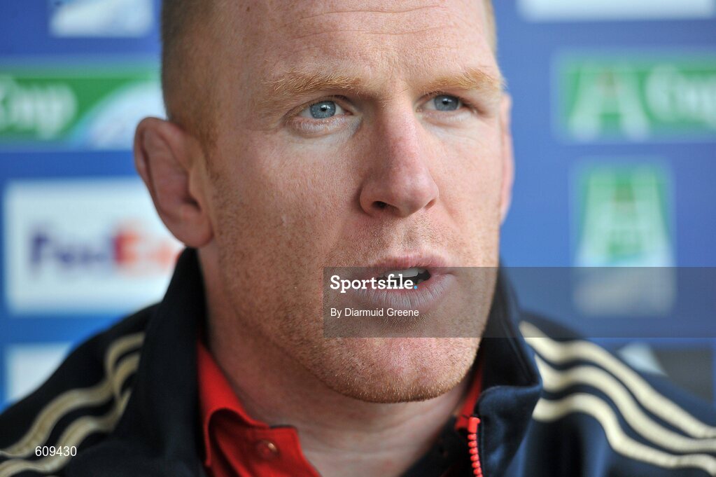 4 April 2012; Munster's Paul O'Connell speaking during a press conference ahead of their Heineken Cup Quarter-Final game against Ulster on Sunday. Munster Rugby Press Conference, Thomond Park, Limerick. Picture credit: Diarmuid Greene / SPORTSFILE