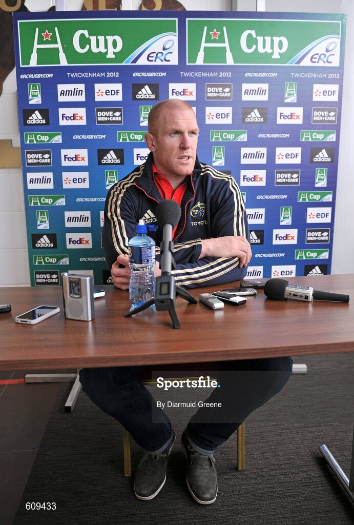 4 April 2012; Munster's Paul O'Connell speaking during a press conference ahead of their Heineken Cup Quarter-Final game against Ulster on Sunday. Munster Rugby Press Conference, Thomond Park, Limerick. Picture credit: Diarmuid Greene / SPORTSFILE