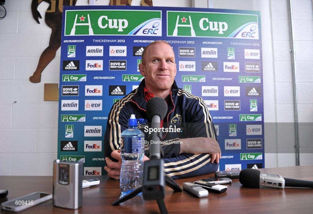 4 April 2012; Munster's Paul O'Connell during a press conference ahead of their Heineken Cup Quarter-Final game against Ulster on Sunday. Munster Rugby Press Conference, Thomond Park, Limerick. Picture credit: Diarmuid Greene / SPORTSFILE