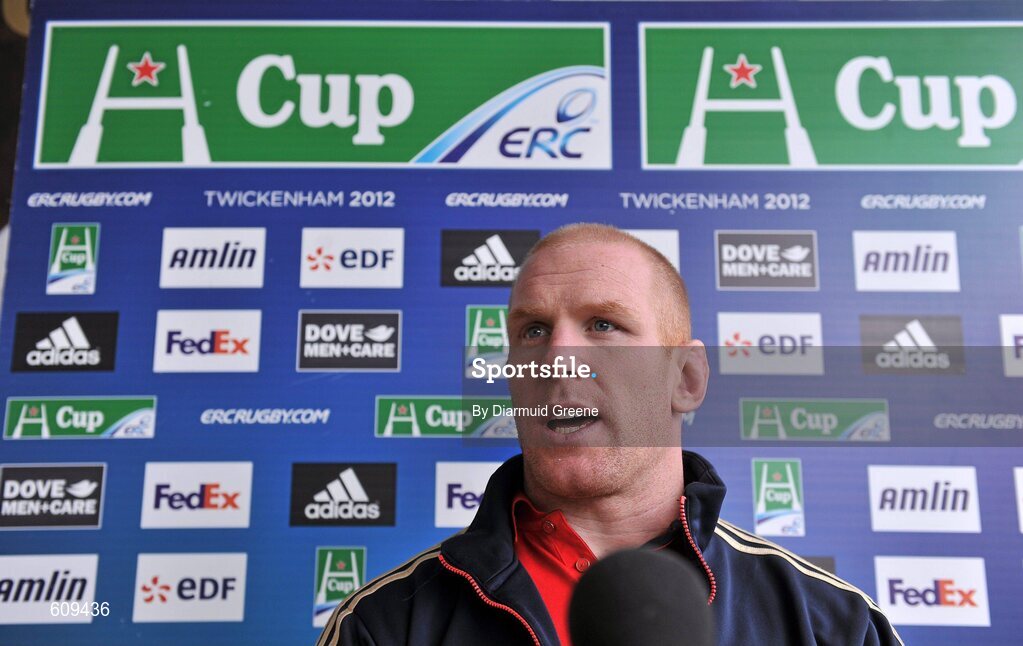 4 April 2012; Munster's Paul O'Connell speaking during a press conference ahead of their Heineken Cup Quarter-Final game against Ulster on Sunday. Munster Rugby Press Conference, Thomond Park, Limerick. Picture credit: Diarmuid Greene / SPORTSFILE