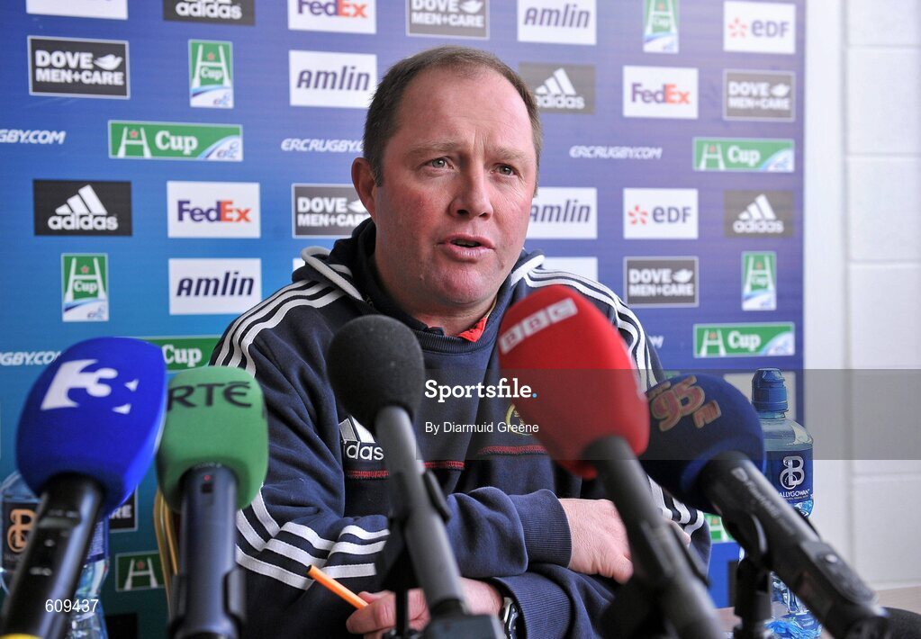 4 April 2012; Munster head coach Tony McGahan speaking during a press conference ahead of their Heineken Cup Quarter-Final game against Ulster on Sunday. Munster Rugby Press Conference, Thomond Park, Limerick. Picture credit: Diarmuid Greene / SPORTSFILE