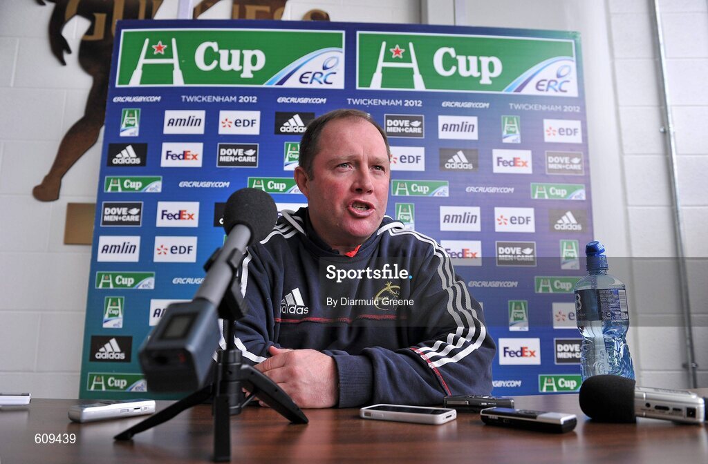 4 April 2012; Munster head coach Tony McGahan speaking during a press conference ahead of their Heineken Cup Quarter-Final game against Ulster on Sunday. Munster Rugby Press Conference, Thomond Park, Limerick. Picture credit: Diarmuid Greene / SPORTSFILE