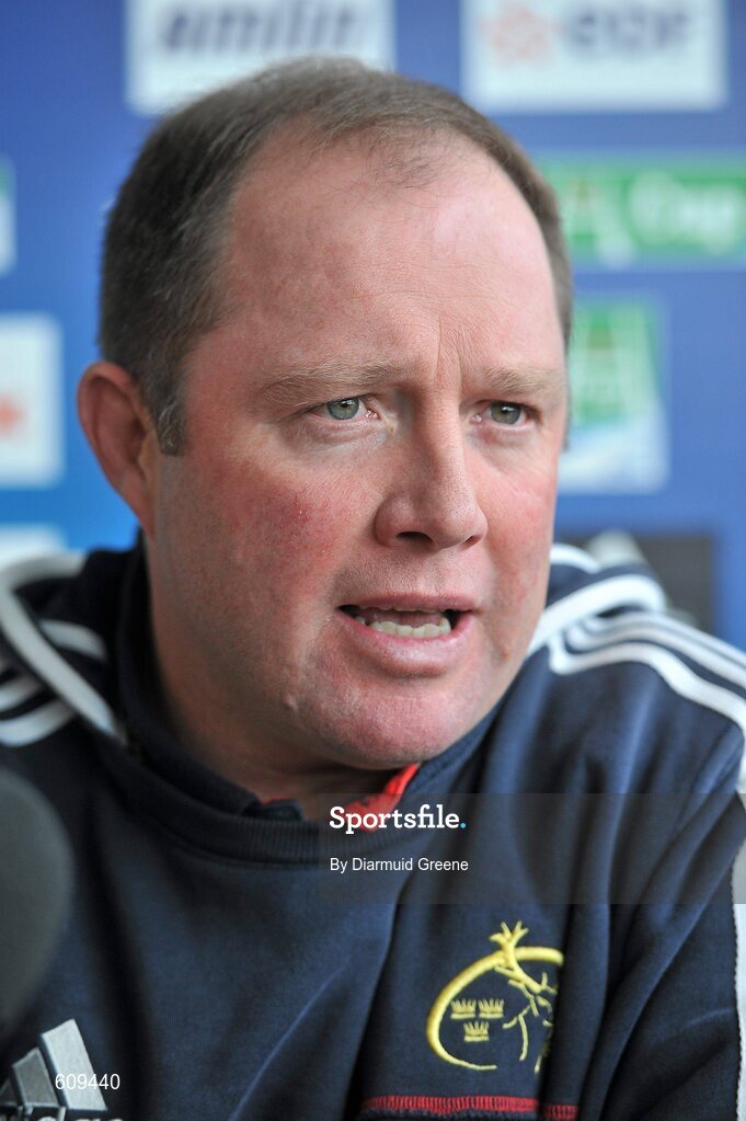 4 April 2012; Munster head coach Tony McGahan speaking during a press conference ahead of their Heineken Cup Quarter-Final game against Ulster on Sunday. Munster Rugby Press Conference, Thomond Park, Limerick. Picture credit: Diarmuid Greene / SPORTSFILE
