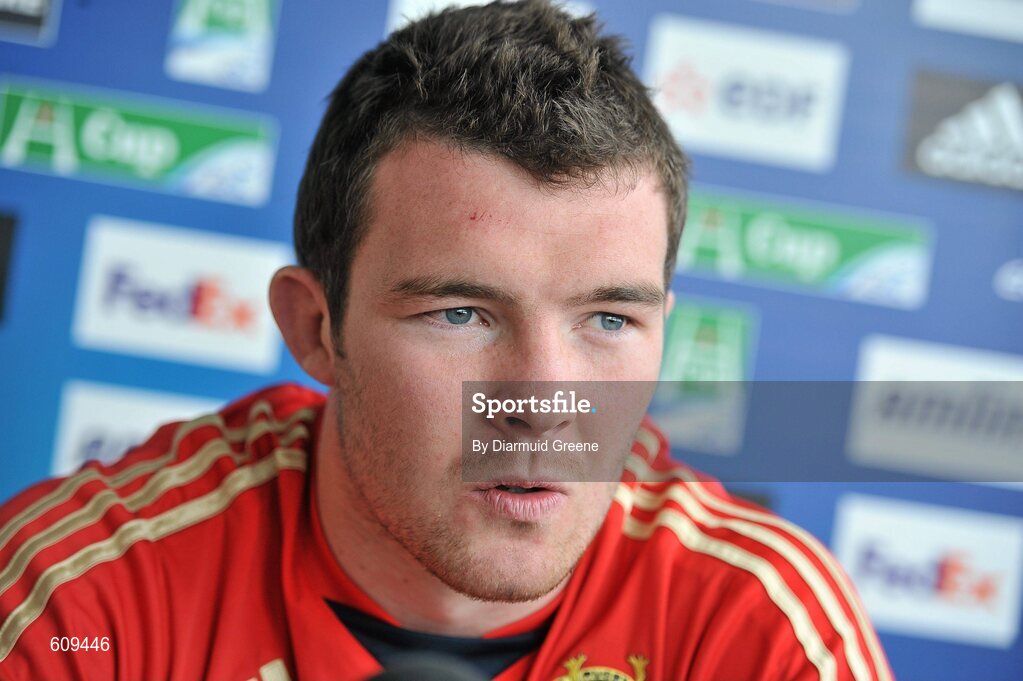 4 April 2012; Munster's Peter O'Mahony speaking during a press conference ahead of their Heineken Cup Quarter-Final game against Ulster on Sunday. Munster Rugby Press Conference, Thomond Park, Limerick. Picture credit: Diarmuid Greene / SPORTSFILE