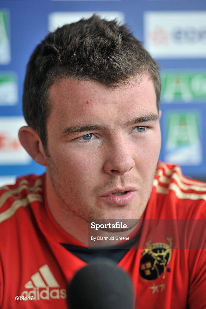 4 April 2012; Munster's Peter O'Mahony speaking during a press conference ahead of their Heineken Cup Quarter-Final game against Ulster on Sunday. Munster Rugby Press Conference, Thomond Park, Limerick. Picture credit: Diarmuid Greene / SPORTSFILE