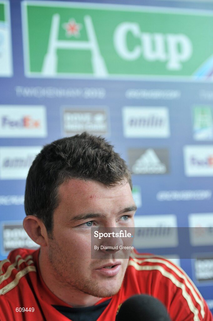 4 April 2012; Munster's Peter O'Mahony speaking during a press conference ahead of their Heineken Cup Quarter-Final game against Ulster on Sunday. Munster Rugby Press Conference, Thomond Park, Limerick. Picture credit: Diarmuid Greene / SPORTSFILE