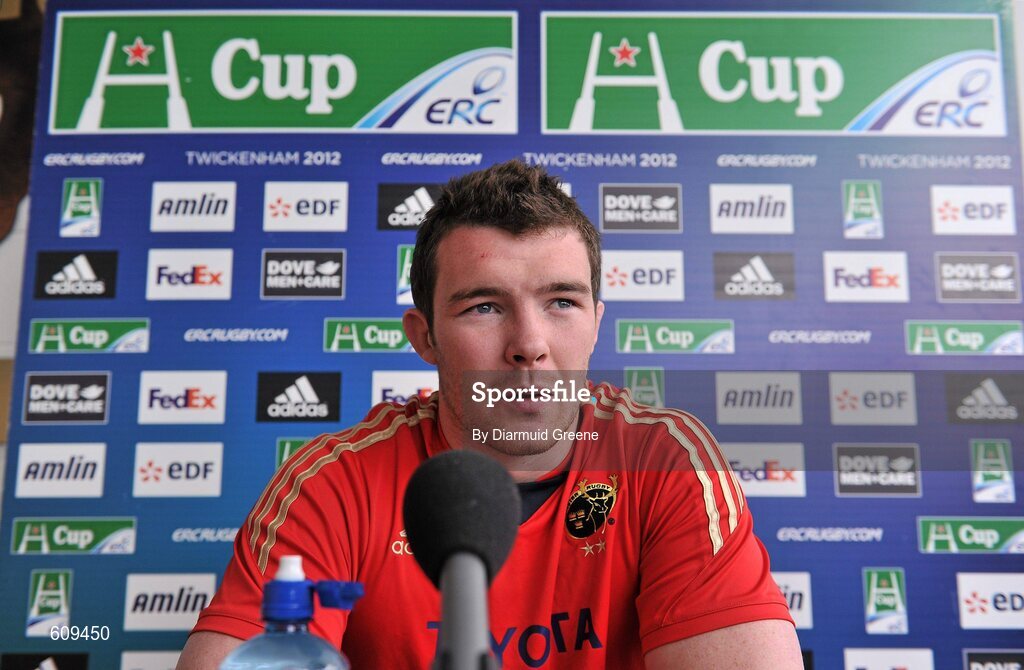 4 April 2012; Munster's Peter O'Mahony speaking during a press conference ahead of their Heineken Cup Quarter-Final game against Ulster on Sunday. Munster Rugby Press Conference, Thomond Park, Limerick. Picture credit: Diarmuid Greene / SPORTSFILE