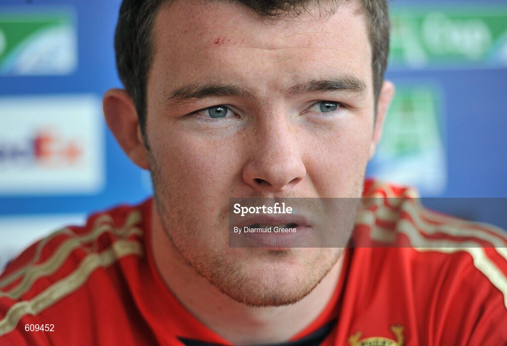 4 April 2012; Munster's Peter O'Mahony speaking during a press conference ahead of their Heineken Cup Quarter-Final game against Ulster on Sunday. Munster Rugby Press Conference, Thomond Park, Limerick. Picture credit: Diarmuid Greene / SPORTSFILE