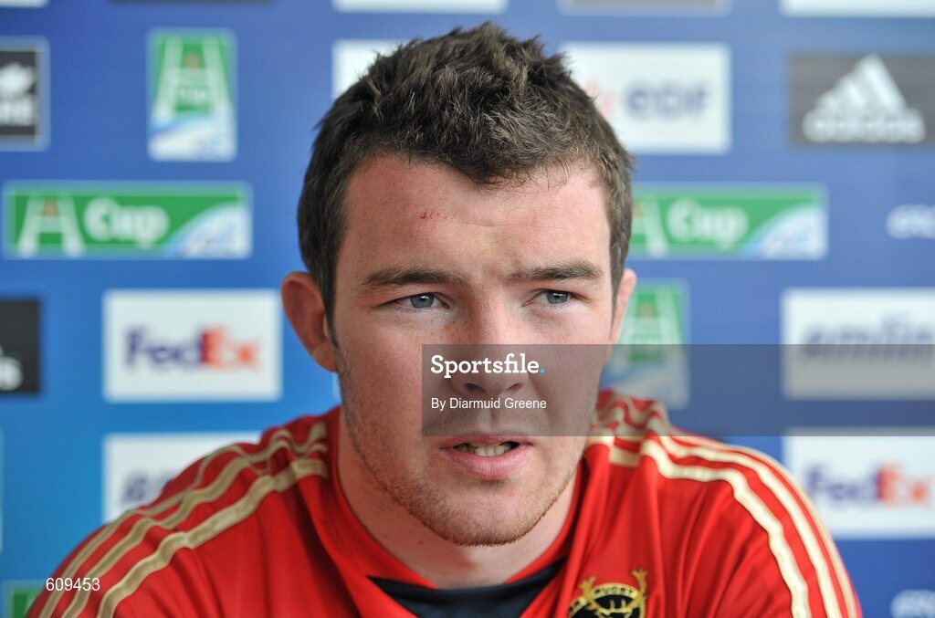 4 April 2012; Munster's Peter O'Mahony speaking during a press conference ahead of their Heineken Cup Quarter-Final game against Ulster on Sunday. Munster Rugby Press Conference, Thomond Park, Limerick. Picture credit: Diarmuid Greene / SPORTSFILE