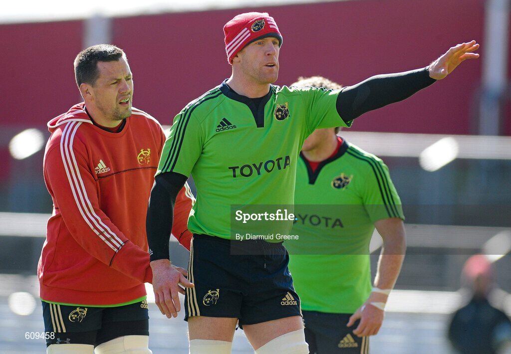 4 April 2012; Munster's Paul O'Connell and James Coughlan, left, during squad training ahead of their Heineken Cup Quarter-Final game against Ulster on Sunday. Munster Rugby Squad Training, Thomond Park, Limerick. Picture credit: Diarmuid Greene / SPORTSFILE