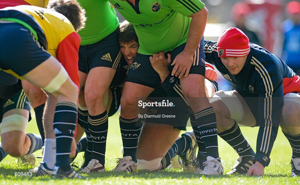 4 April 2012; Munster's Donncha O'Callaghan, left, and Peter O'Mahony prepare for a scrum during squad training ahead of their Heineken Cup Quarter-Final game against Ulster on Sunday. Munster Rugby Squad Training, Thomond Park, Limerick. Picture credit: Diarmuid Greene / SPORTSFILE