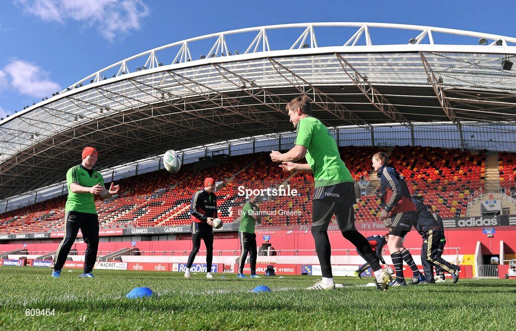 4 April 2012; Munster's Keith Earls, left, and Ronan O'Gara in action during squad training ahead of their Heineken Cup Quarter-Final game against Ulster on Sunday. Munster Rugby Squad Training, Thomond Park, Limerick. Picture credit: Diarmuid Greene / SPORTSFILE