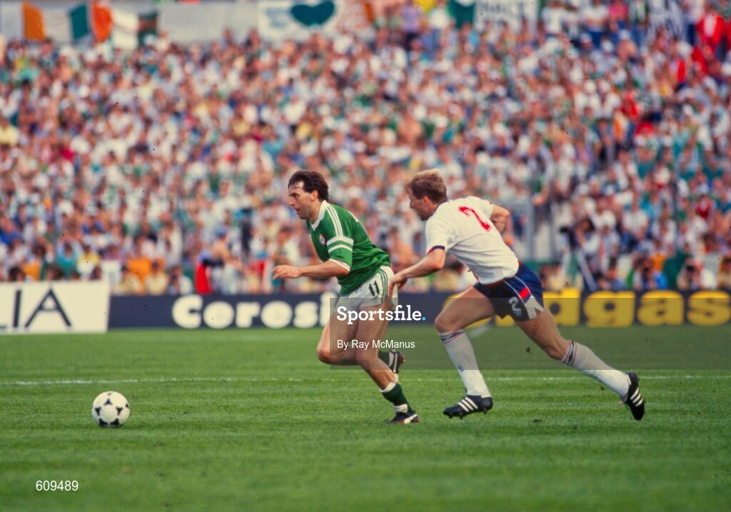 12 June 1988; Tony Galvin of Republic of Ireland in action against Gary Stevens of England during the UEFA European Football Championship Finals Group B match between England and Republic of Ireland at Neckarstadion in Stuttgart, Germany. Photo by Ray McManus/Sportsfile