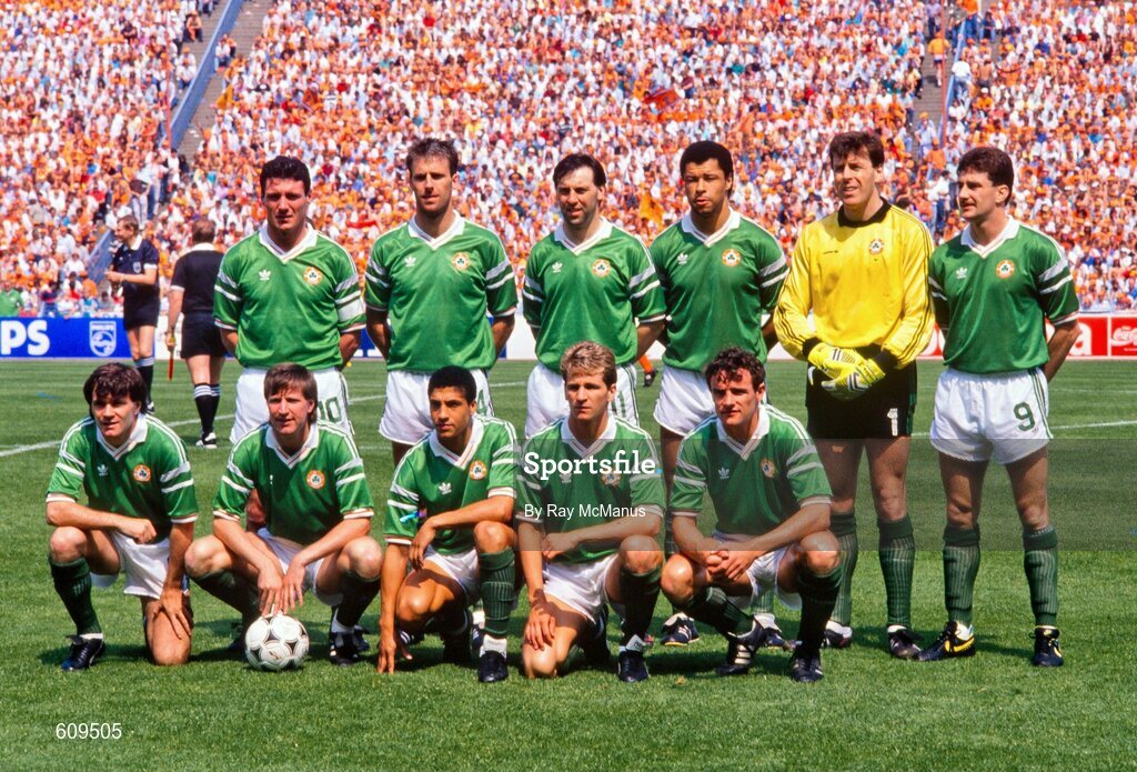 18 June 1988; The Republic of Ireland team, back row, from left, Frank Stapleton, Mick McCarthy, Tony Galvin, Paul McGrath, Pat Bonner and John Aldridge, with front row, from left, Ray Houghton, Ronnie Whelan, Chris Hughton, Chris Morris and Kevin Moran prior to the UEFA European Football Championship Finals Group B match between Republic of Ireland and Netherlands at Parkstadion in Gelsenkirchen, Germany. Photo by Ray McManus/Sportsfile
