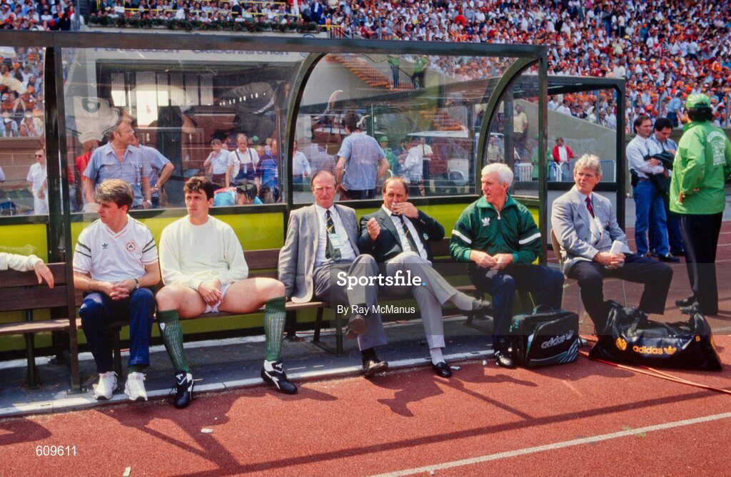 18 June 1988; The Republic of Ireland bench, from left, Chris Morris, Tony Cascarino, manager Jack Charlton, assistant manager Maurice Setters and physio Mick Byrne during the UEFA European Football Championship Finals Group B match between Republic of Ireland and Netherlands at Parkstadion in Gelsenkirchen, Germany. Photo by Ray McManus/Sportsfile