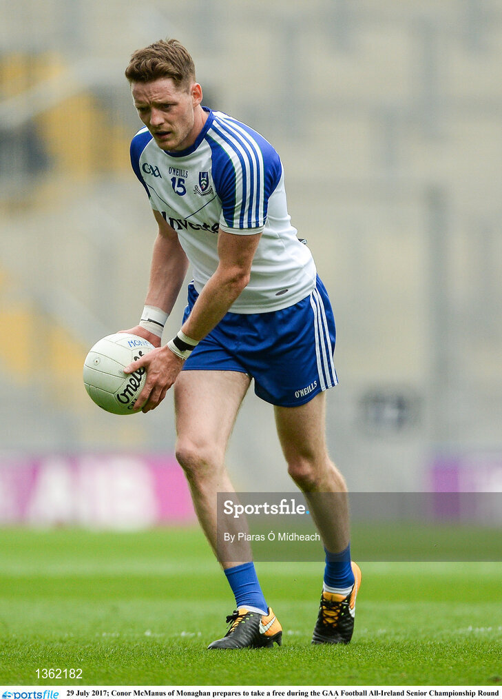 29 July 2017; Conor McManus of Monaghan prepares to take a free during the GAA Football All-Ireland Senior Championship Round 4B match between Down and Monaghan at Croke Park in Dublin. Photo by Piaras Ó Mídheach/Sportsfile