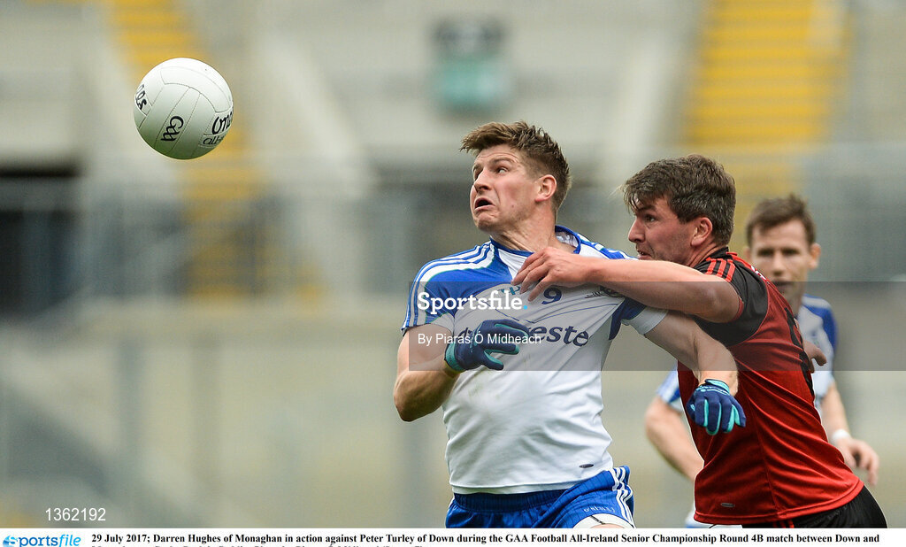 29 July 2017; Darren Hughes of Monaghan in action against Peter Turley of Down during the GAA Football All-Ireland Senior Championship Round 4B match between Down and Monaghan at Croke Park in Dublin. Photo by Piaras Ó Mídheach/Sportsfile