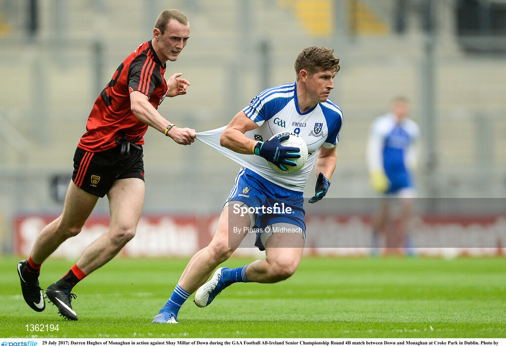 29 July 2017; Darren Hughes of Monaghan in action against Shay Millar of Down during the GAA Football All-Ireland Senior Championship Round 4B match between Down and Monaghan at Croke Park in Dublin. Photo by Piaras Ó Mídheach/Sportsfile
